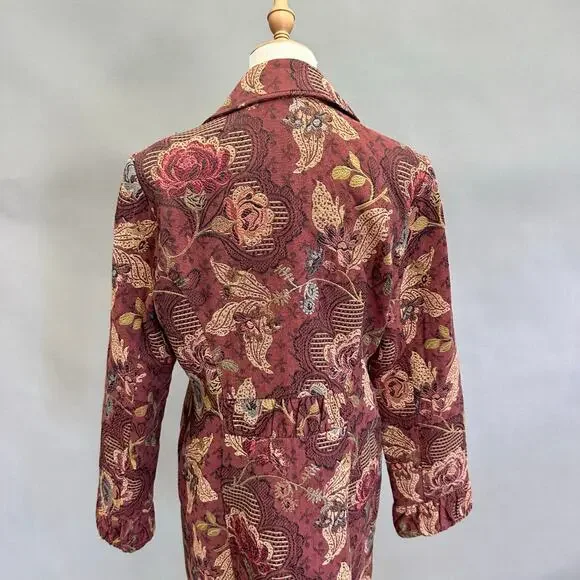 CAbi burgundy Jacobean burgundy floral jacquard tapestry long jacket Size 14